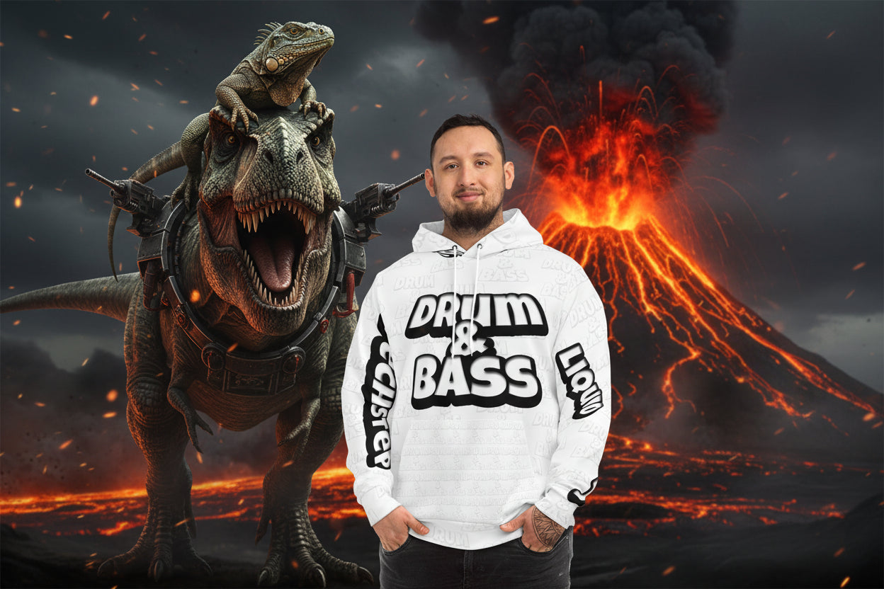 Man wearing a white hoodie with 'Drum & Bass' text on a white background