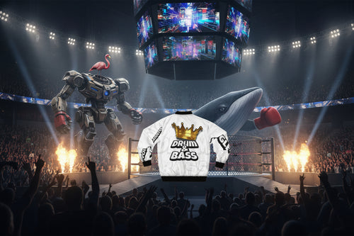 White jacket with gold crown, 'Drum & Bass' text, and black accents on a white background