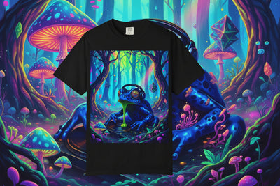 Black t-shirt with a colorful graphic of a frog on a turntable and DJ mixer.
