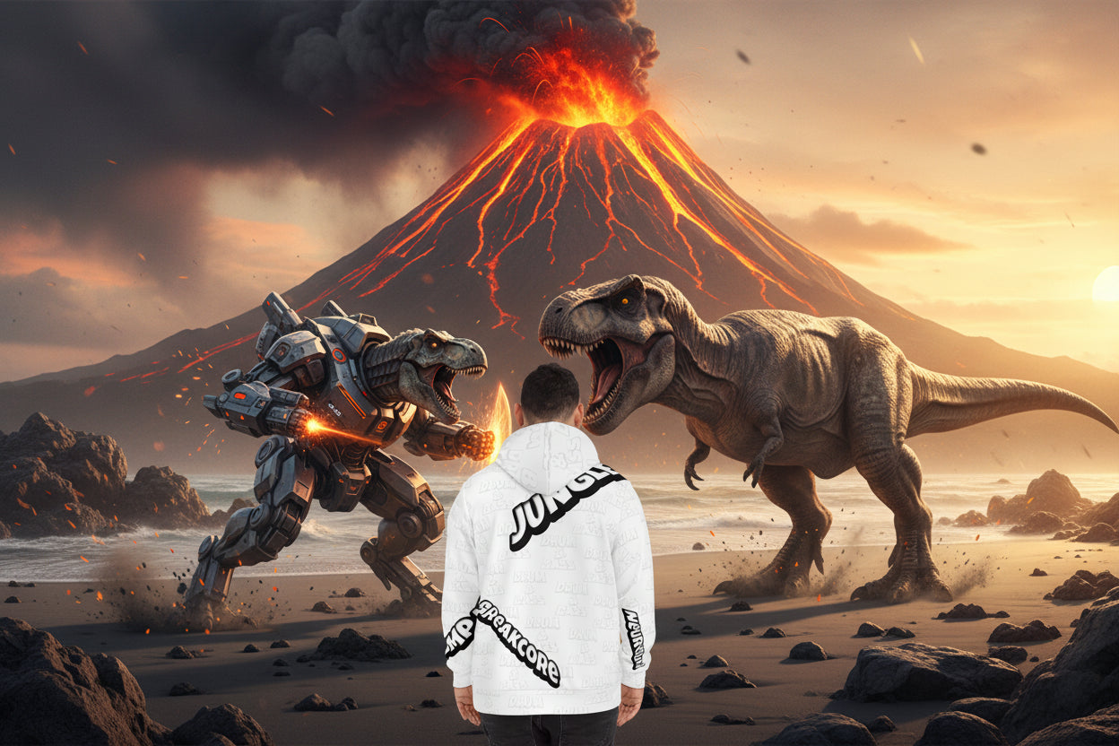 Person wearing a white hoodie with black text on the back against a white background